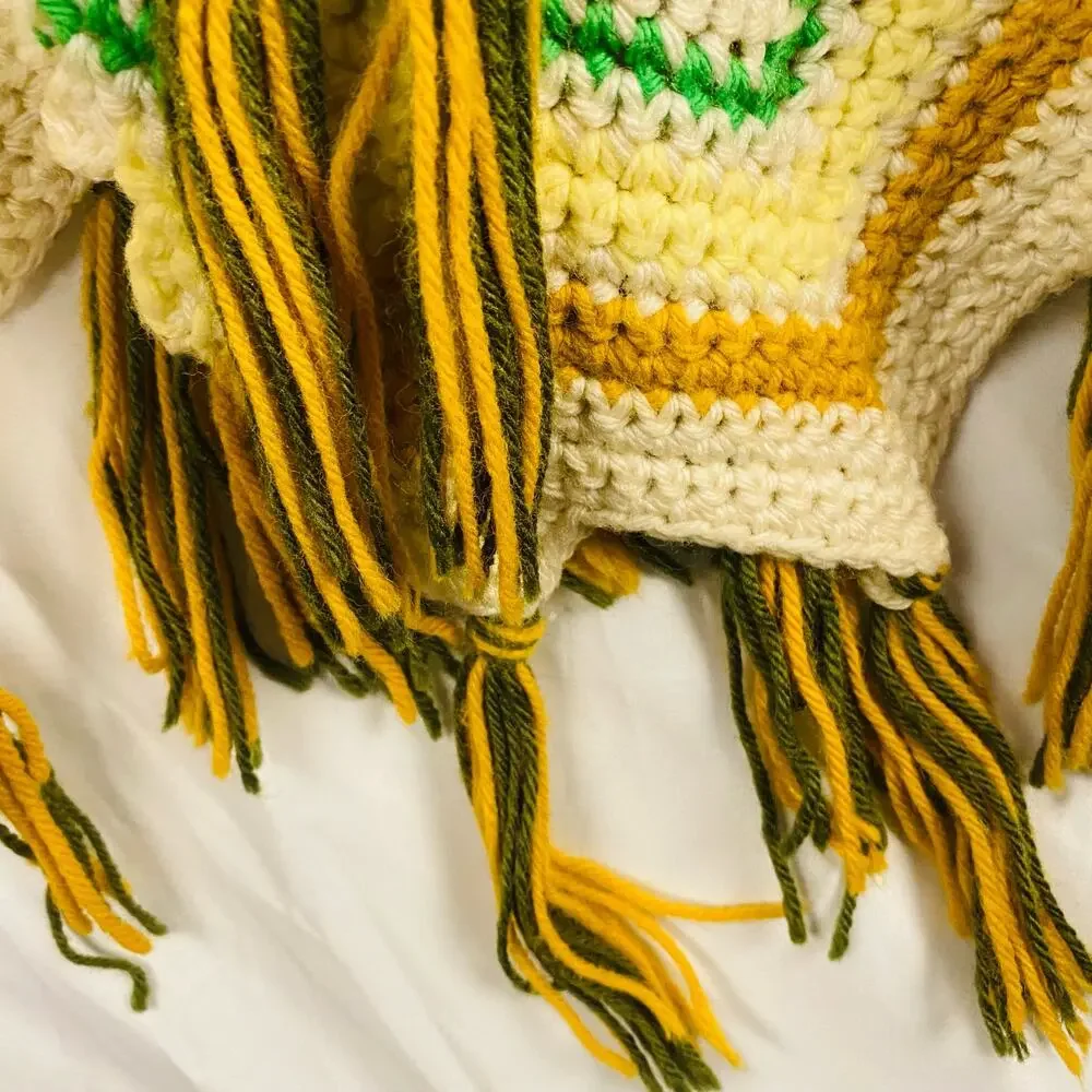 Vintage Woven Crocheted Chevron Pattern Afghan Blanket Tassle‎ Fringe Trim
